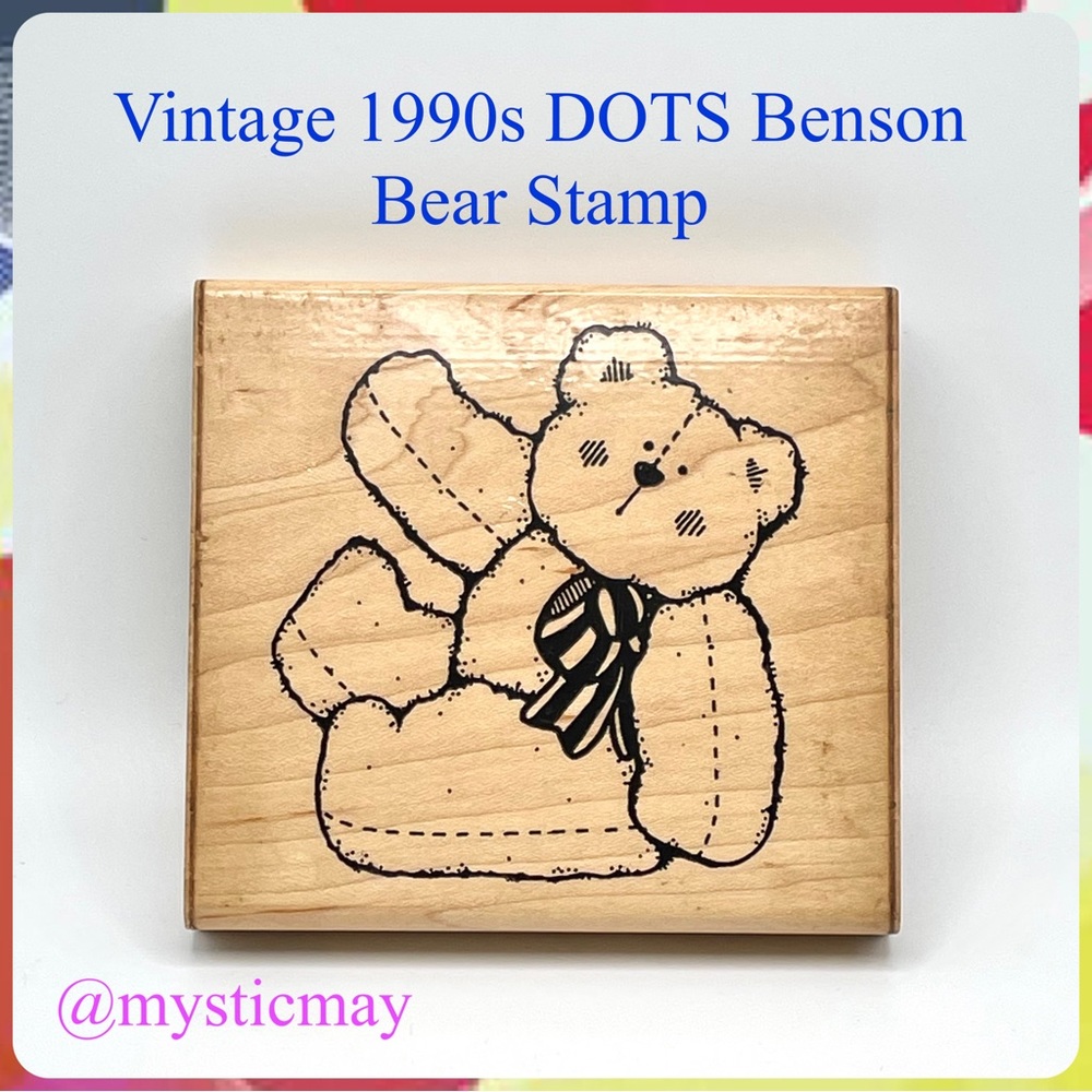 Vintage 1990s DOTS Benson Bear R-138 Wood Mount Rubber Stamp w Plush Teddy & Bow